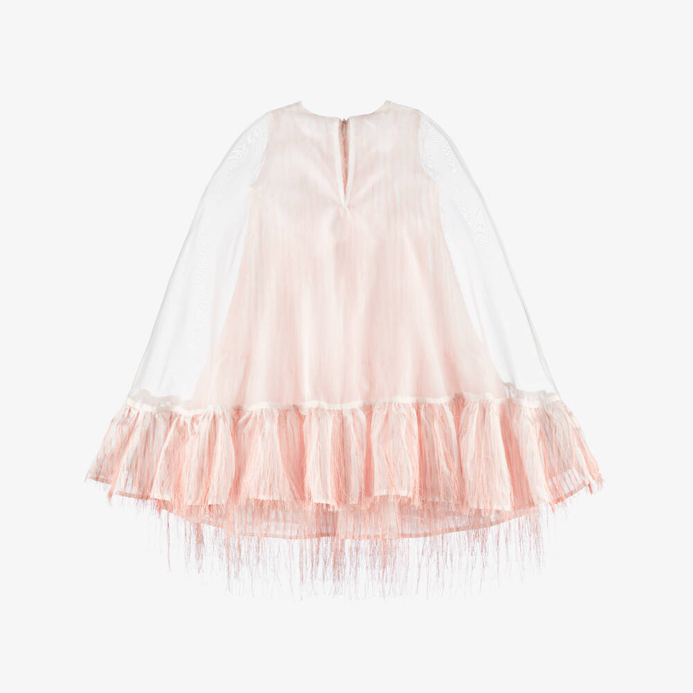 POCA & POCA-Girls White Organza Cape Dress with Pink Fringing | Childrensalon