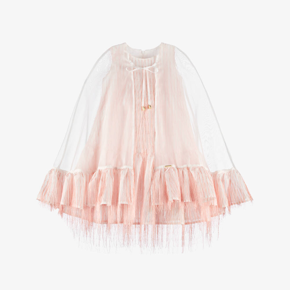POCA & POCA-Girls White Organza Cape Dress with Pink Fringing | Childrensalon