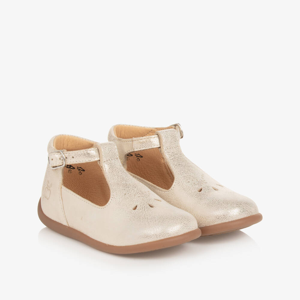 Pom d'Api-Girls Gold Leather First Walker Shoes | Childrensalon