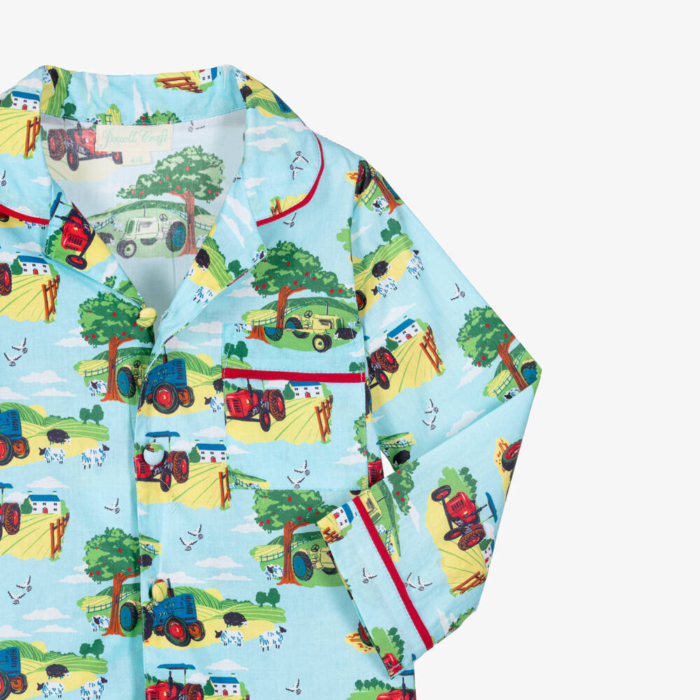 Powell Craft-Boys Blue Countryside Print Long Pyjamas | Childrensalon