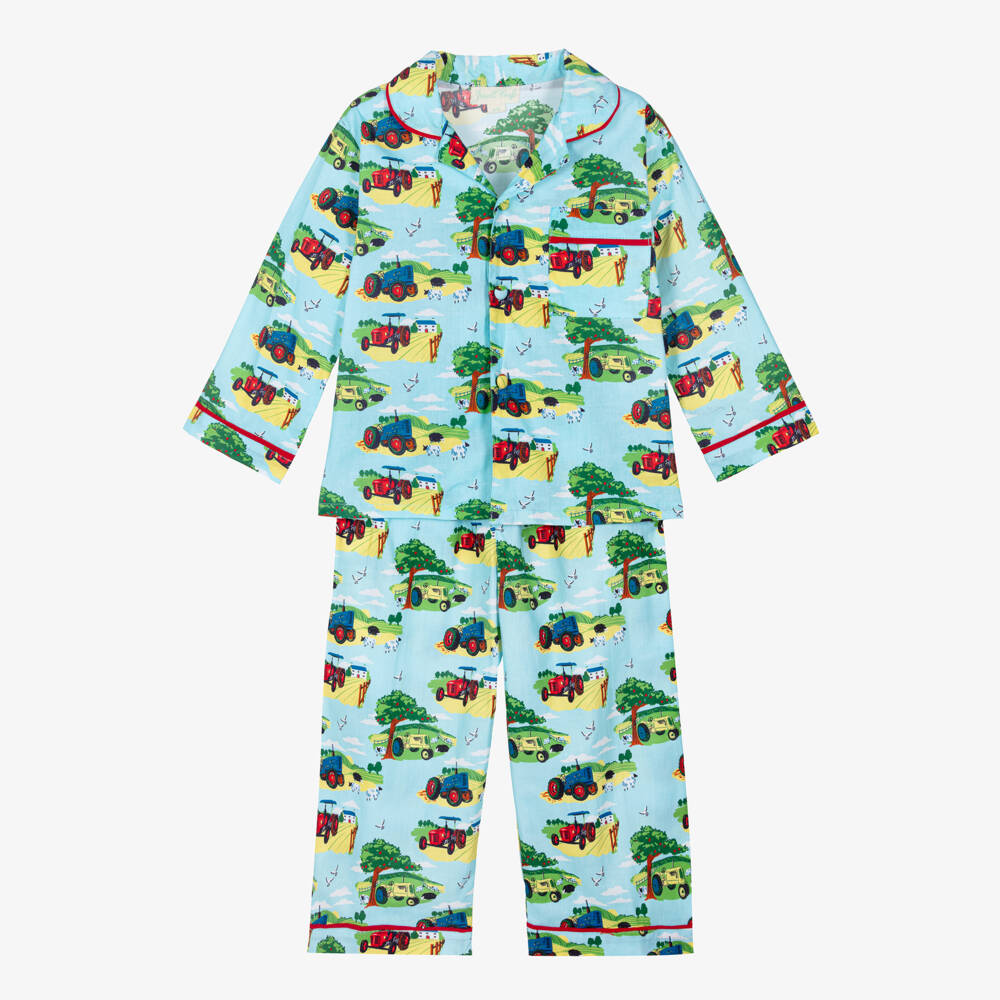 Powell Craft-Boys Blue Countryside Print Long Pyjamas | Childrensalon
