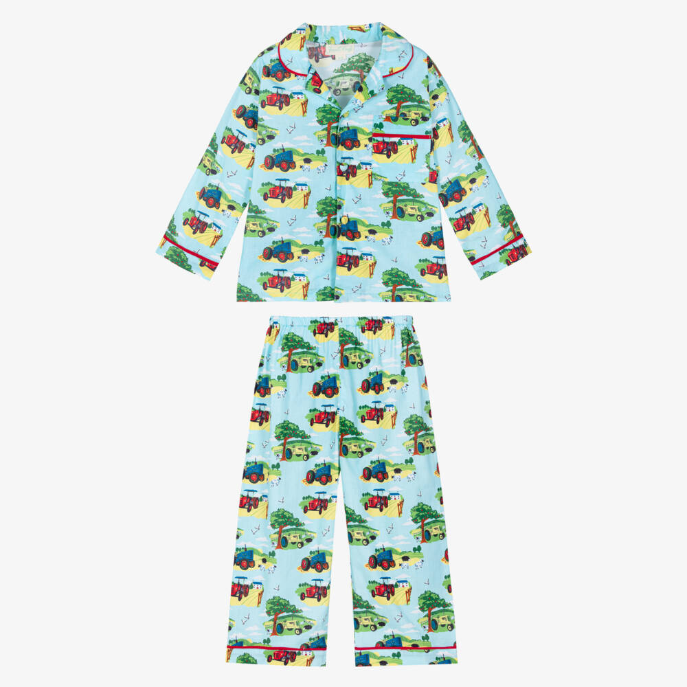 Powell Craft-Boys Blue Countryside Print Long Pyjamas | Childrensalon