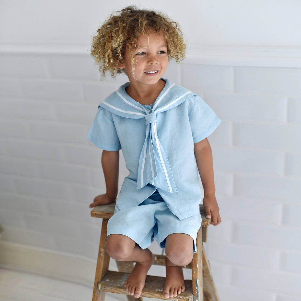 Powell Craft-Boys Blue Linen Shorts Set  | Childrensalon