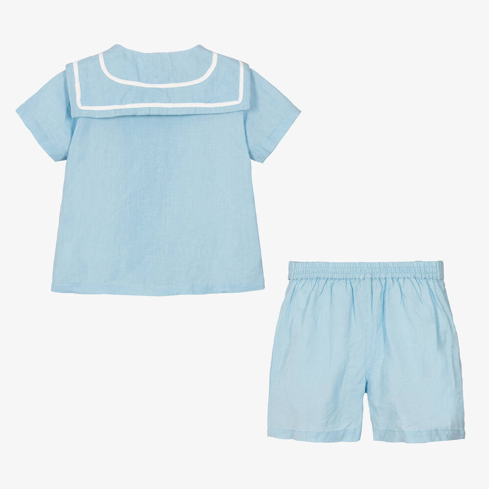 Powell Craft-Boys Blue Linen Shorts Set  | Childrensalon