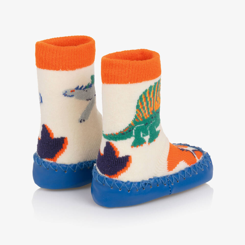 Powell Craft-Носки-тапочки кремово- оранжевые и синие с динозавром для мальчиков | Childrensalon