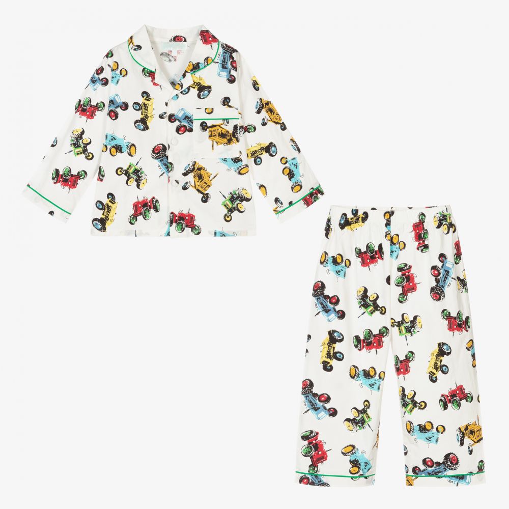 Powell Craft-Белая хлопковая пижама с тракторами для мальчиков | Childrensalon