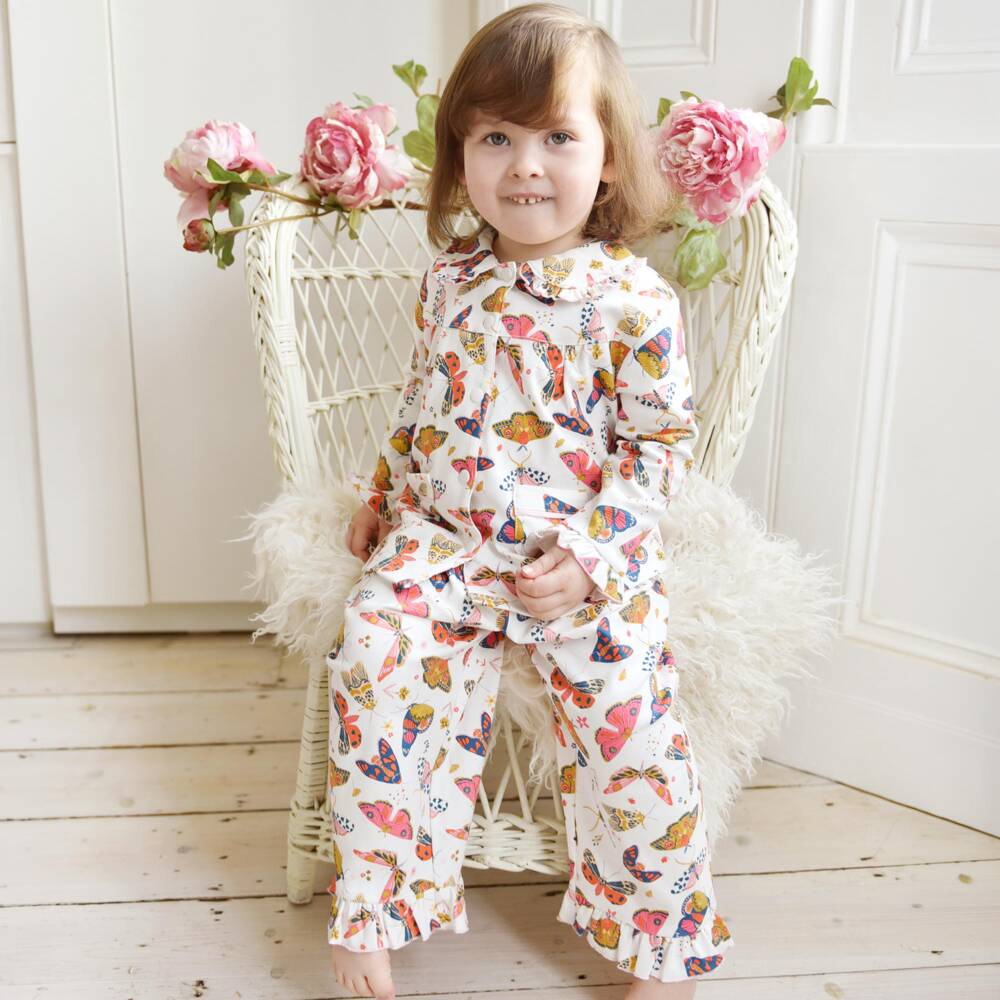 Powell Craft-Girls Ivory & Pink Butterfly Pyjamas | Childrensalon