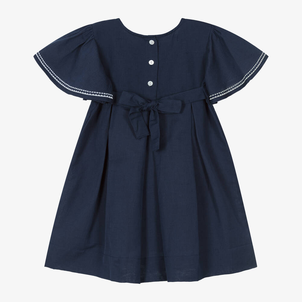 Powell Craft-Girls Navy Blue Linen & Cotton Dress | Childrensalon