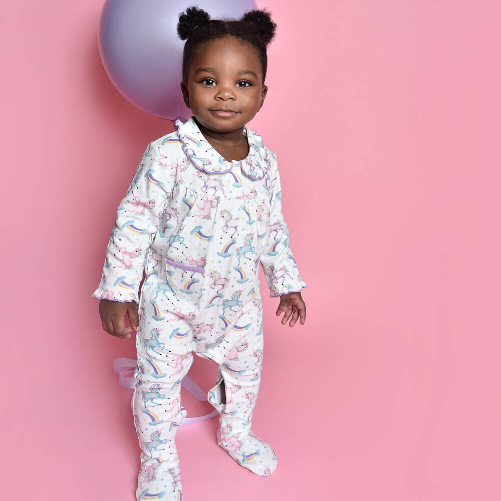 Powell Craft-Girls White Cotton Babygrow  | Childrensalon