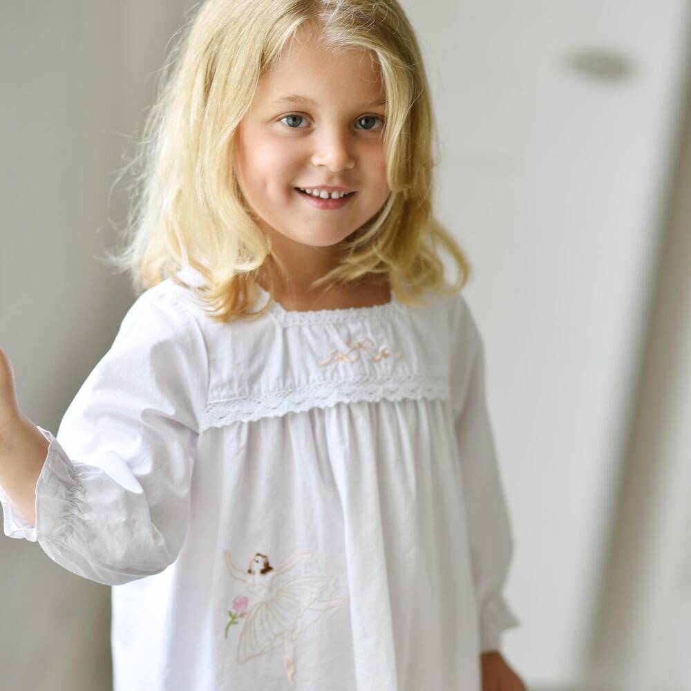 Powell Craft-Girls White Cotton Ballerina Nightie | Childrensalon