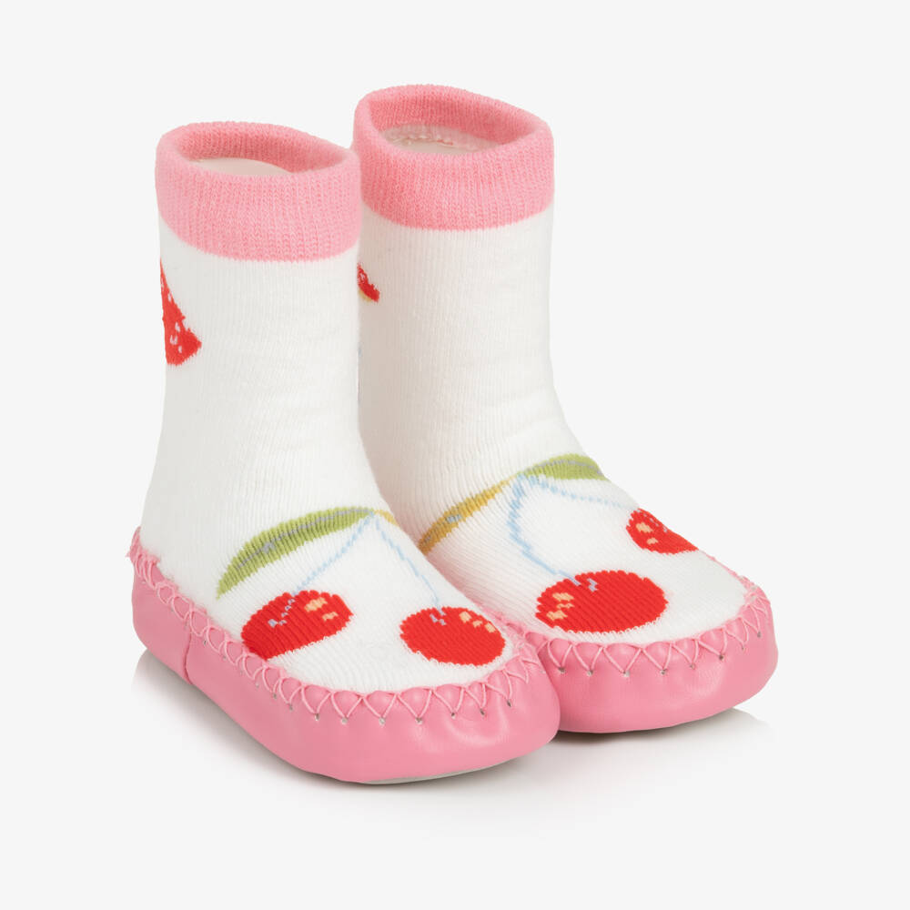 Powell Craft-Girls White & Pink Cherry Print Slipper Socks  | Childrensalon