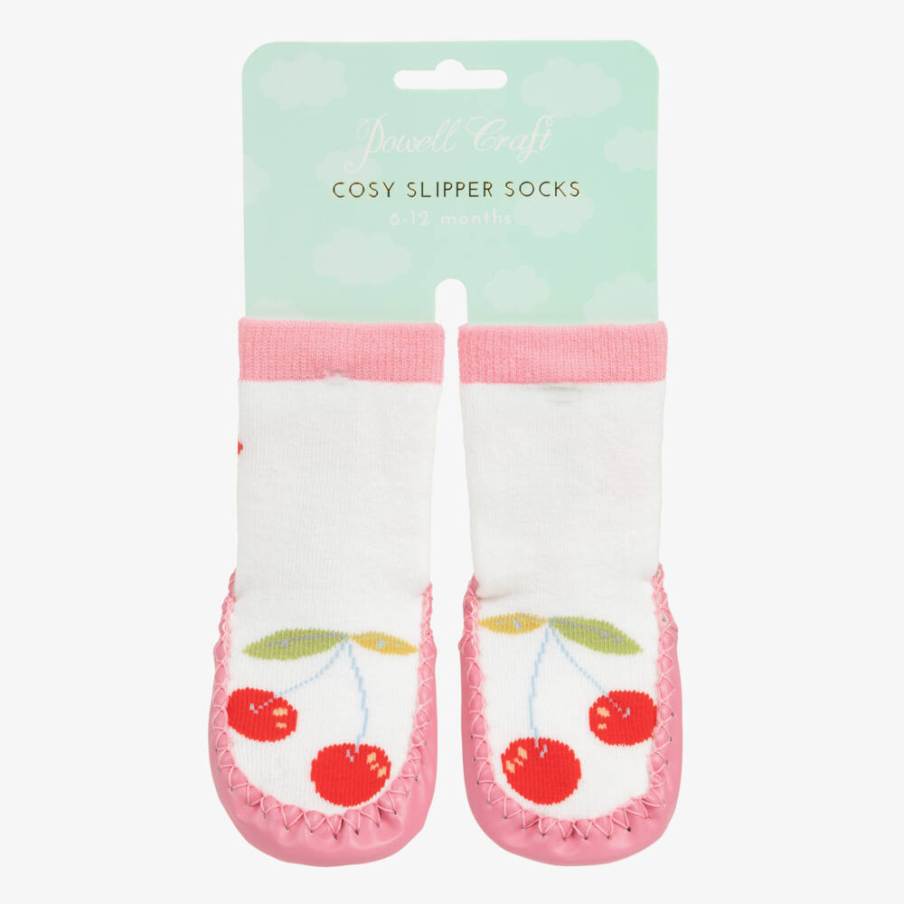 Powell Craft-Girls White & Pink Cherry Print Slipper Socks | Childrensalon