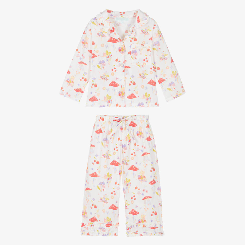 Powell Craft-Girls White & Pink Fairy Print Long Pyjamas | Childrensalon