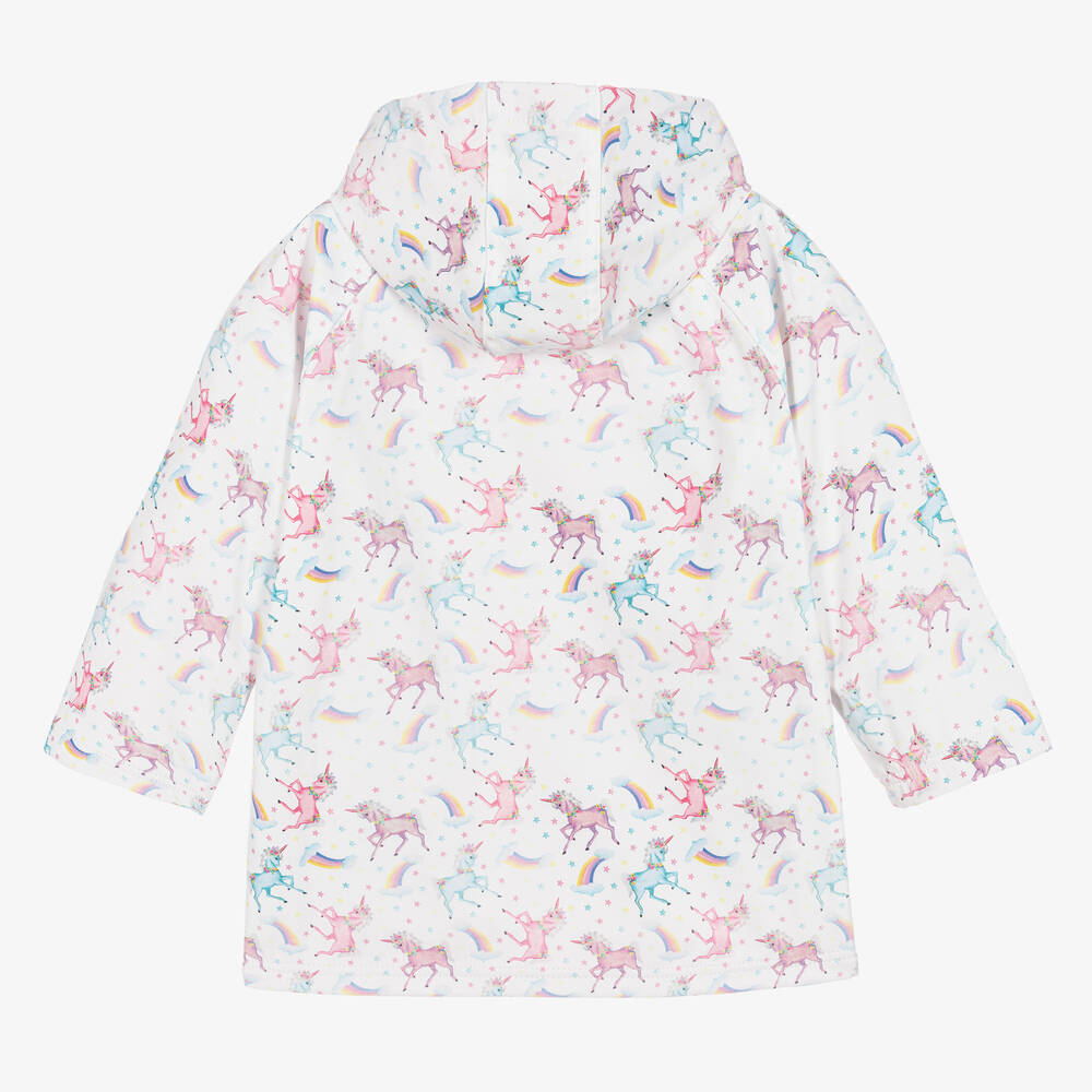 Powell Craft-Girls White Unicorn Print Raincoat  | Childrensalon