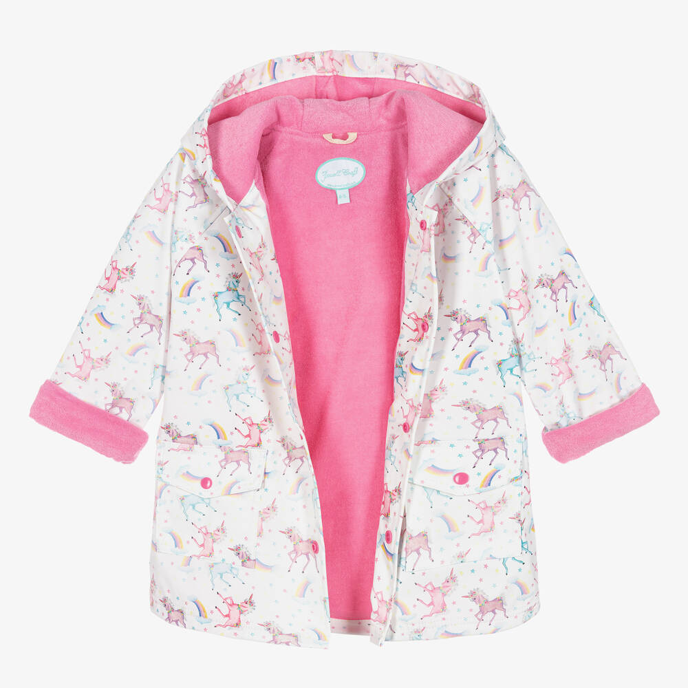 Powell Craft-Girls White Unicorn Print Raincoat  | Childrensalon
