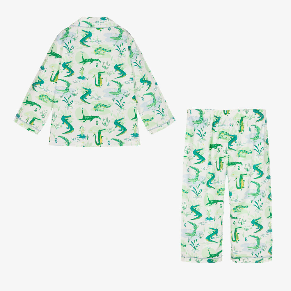 Powell Craft-Ivory & Green Cotton Crocodile Pyjamas | Childrensalon