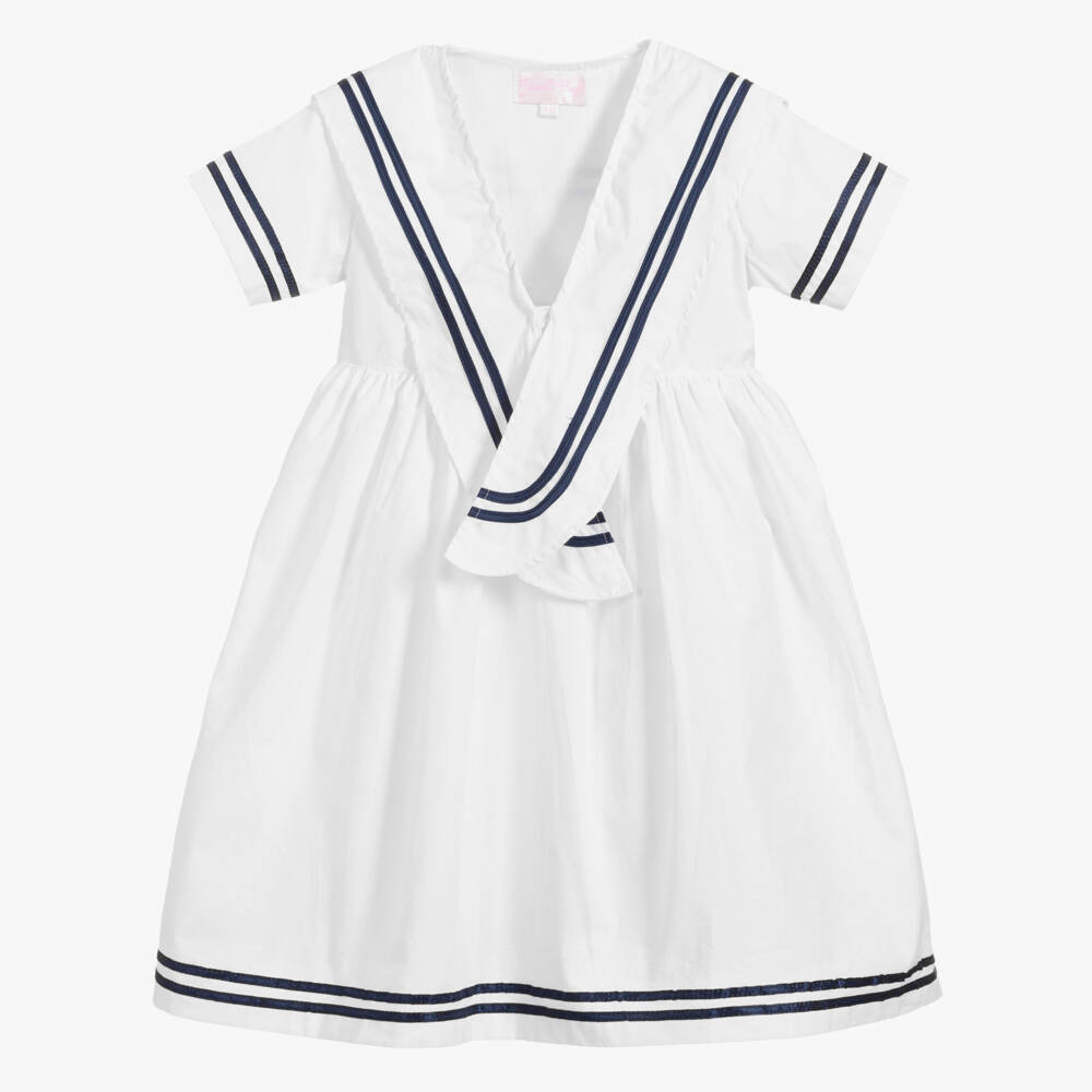 Powell Craft-White Cotton Girls Sailor Dress | Childrensalon