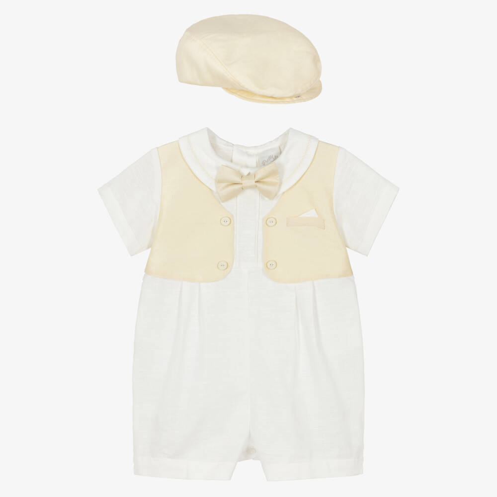 Pretty Originals-Baby Boys Ivory & Beige Shortie & Hat Set | Childrensalon