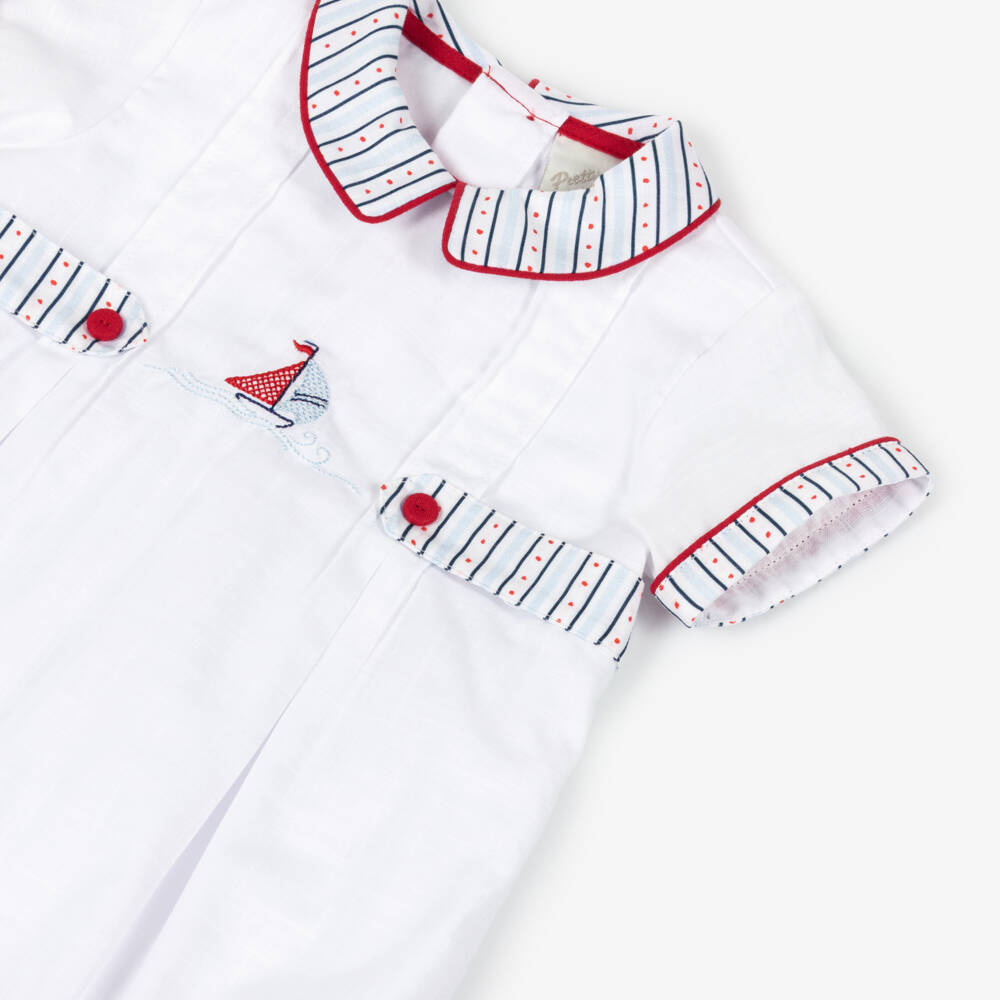 Pretty Originals-Baby Boys White Cotton Shortie with Patterned Trim | Childrensalon