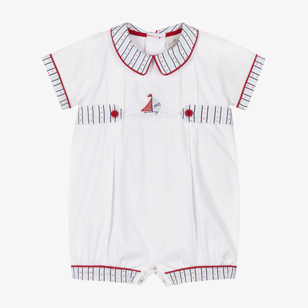 Pretty Originals-Baby Boys White Cotton Shortie with Patterned Trim | Childrensalon