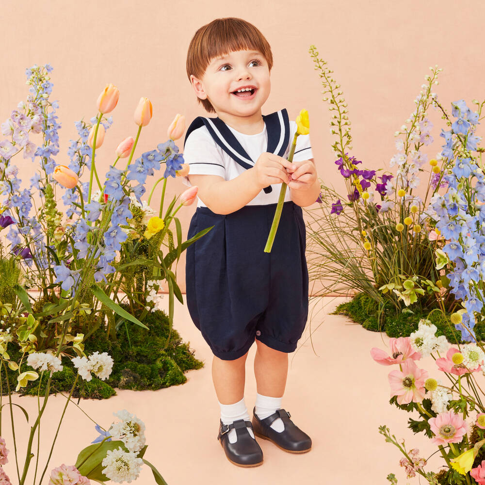 Pretty Originals-بودي سوت قطن وكتان لون أبيض وكحلي للأولاد الرضع | Childrensalon