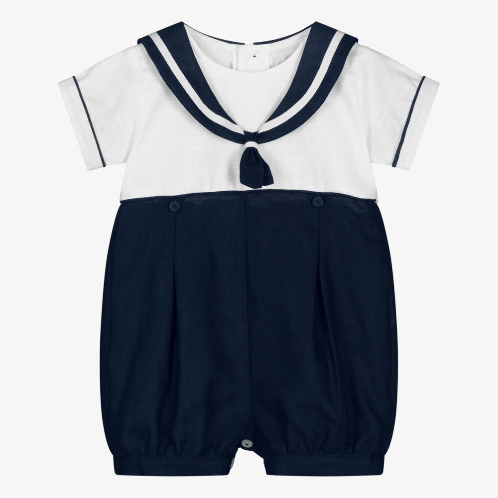 Pretty Originals-Baby Boys White & Navy Blue Cotton & Linen Shortie | Childrensalon