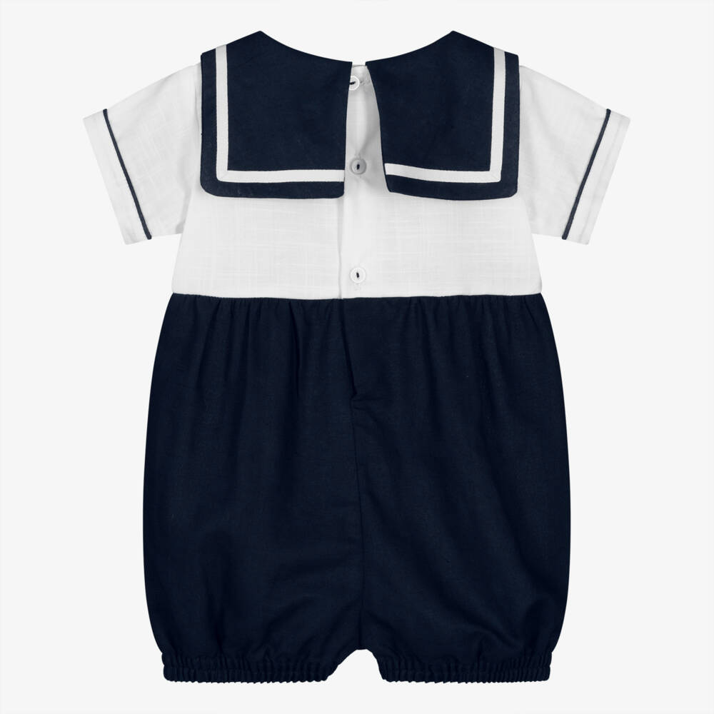 Pretty Originals-بودي سوت قطن وكتان لون أبيض وكحلي للأولاد الرضع | Childrensalon