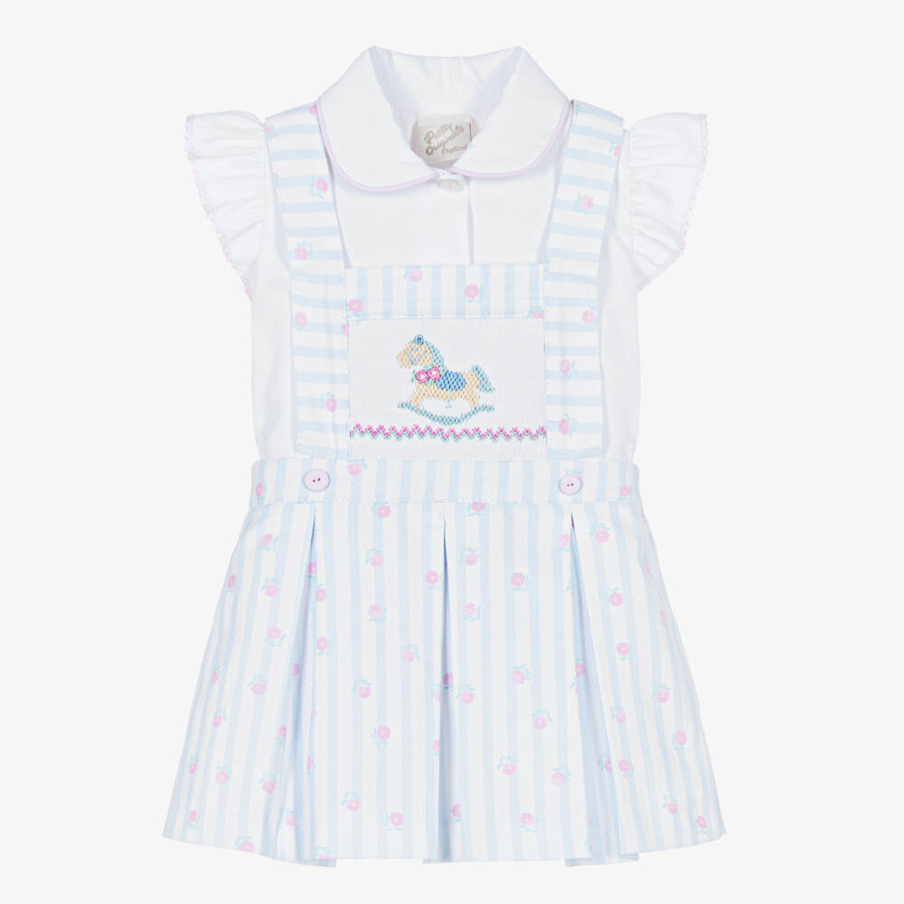 Pretty Originals-Baby Girls Blue & White Striped Cotton Smocked Skirt Set | Childrensalon