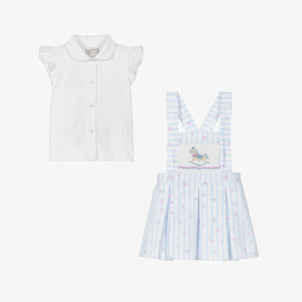 Pretty Originals-طقم تنورة مخططة قطن لون أبيض وأزرق للبنات الرضع | Childrensalon