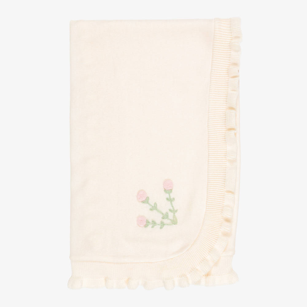 Pretty Originals-Baby Girls Ivory Knitted Floral Blanket (85cm) | Childrensalon