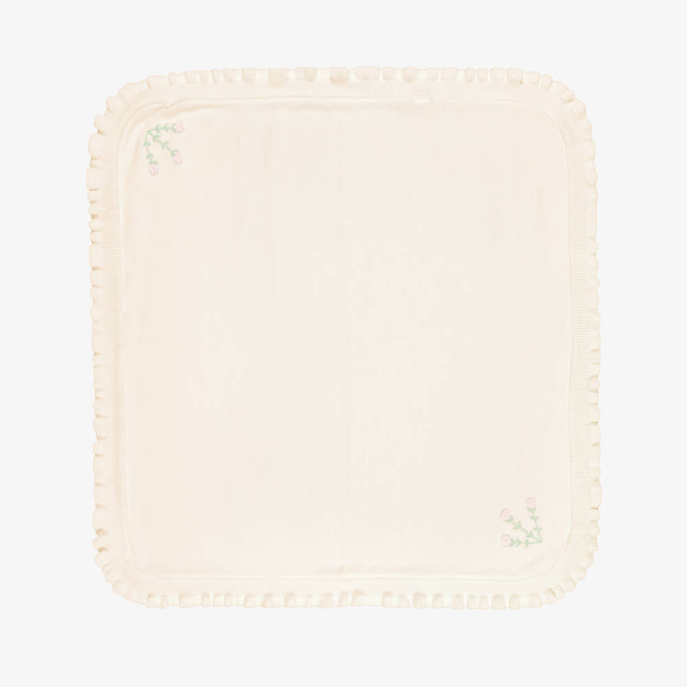 Pretty Originals-Baby Girls Ivory Knitted Floral Blanket (85cm) | Childrensalon