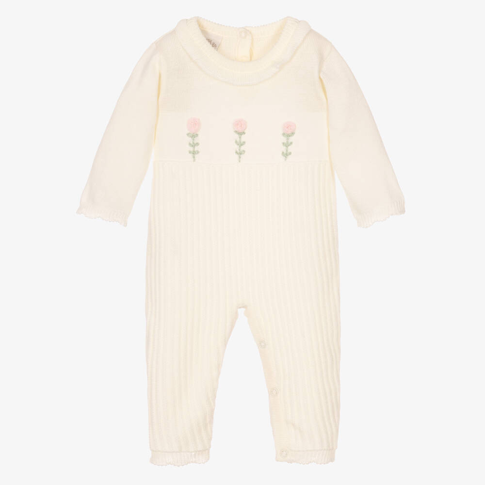 Pretty Originals-Baby Girls Ivory Knitted Romper Suit | Childrensalon