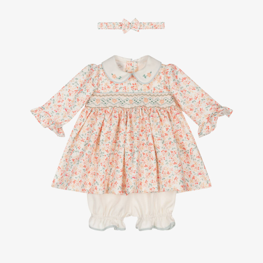 Pretty Originals-Baby Girls Ivory & Peach Pink Floral Dress Set | Childrensalon