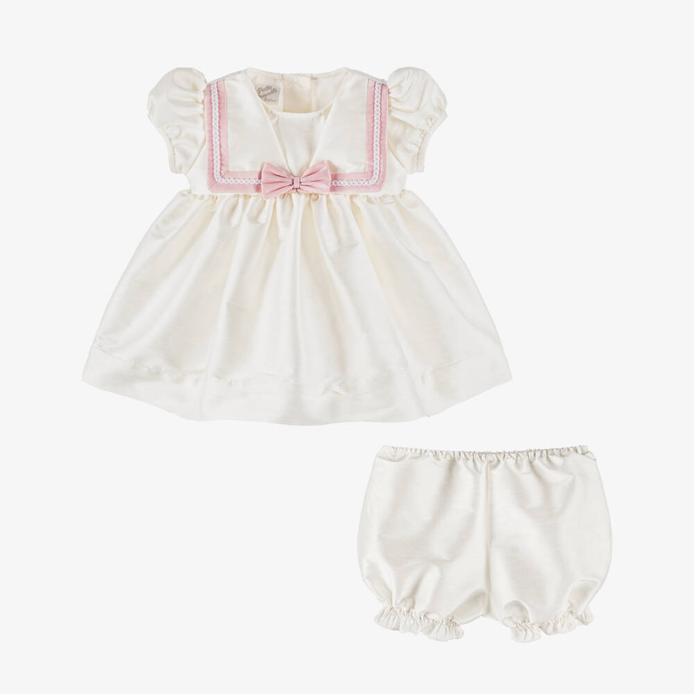 Pretty Originals-طقم فستان بفيونكة لون زهري وعاجي للبنات الرضع | Childrensalon