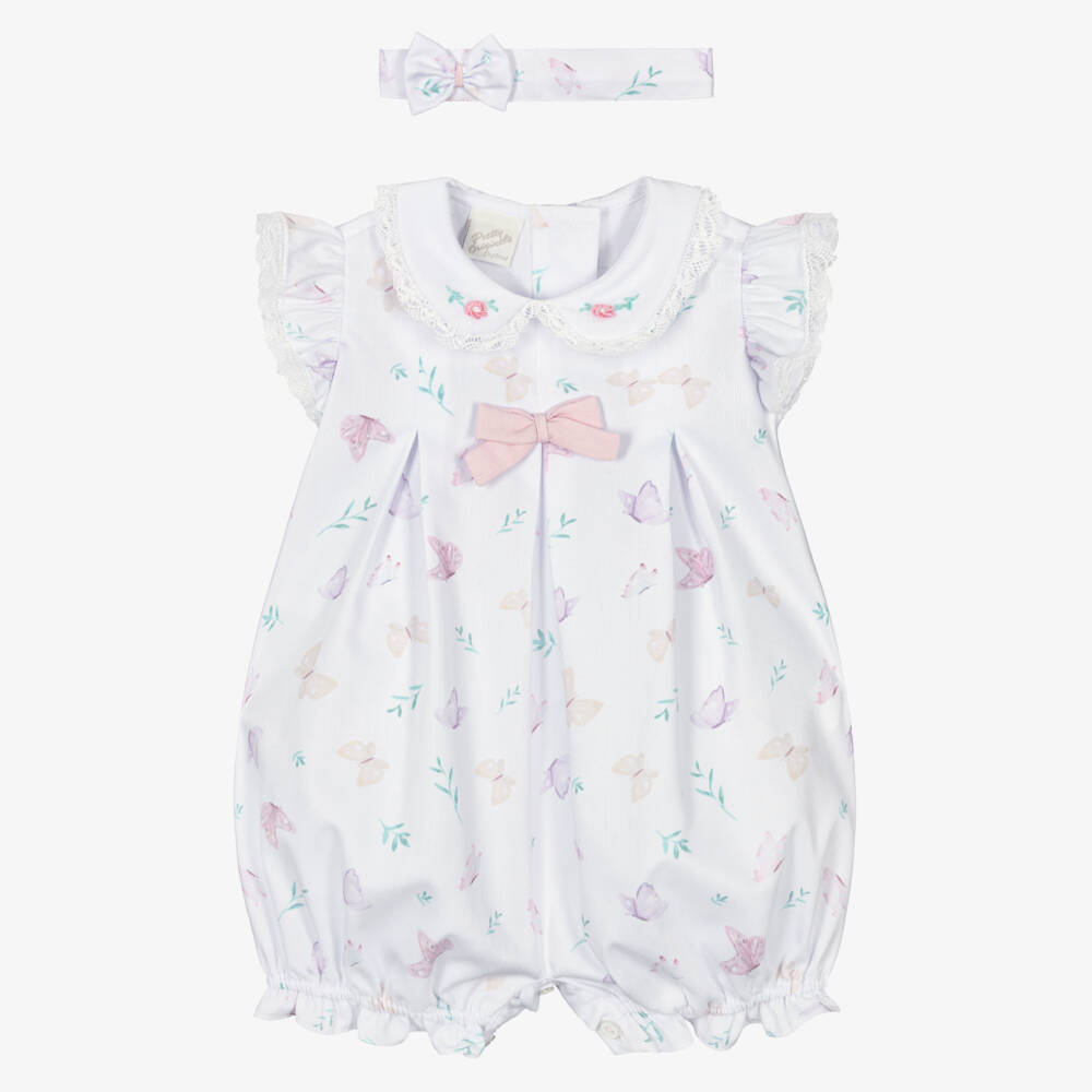 Pretty Originals-Baby Girls White Butterfly Print Shortie & Headband Set | Childrensalon