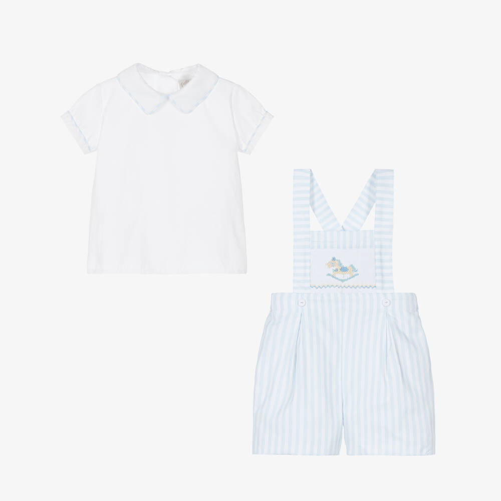 Pretty Originals-Boys Blue & White Striped Cotton Hand-Smocked Dungaree Set | Childrensalon
