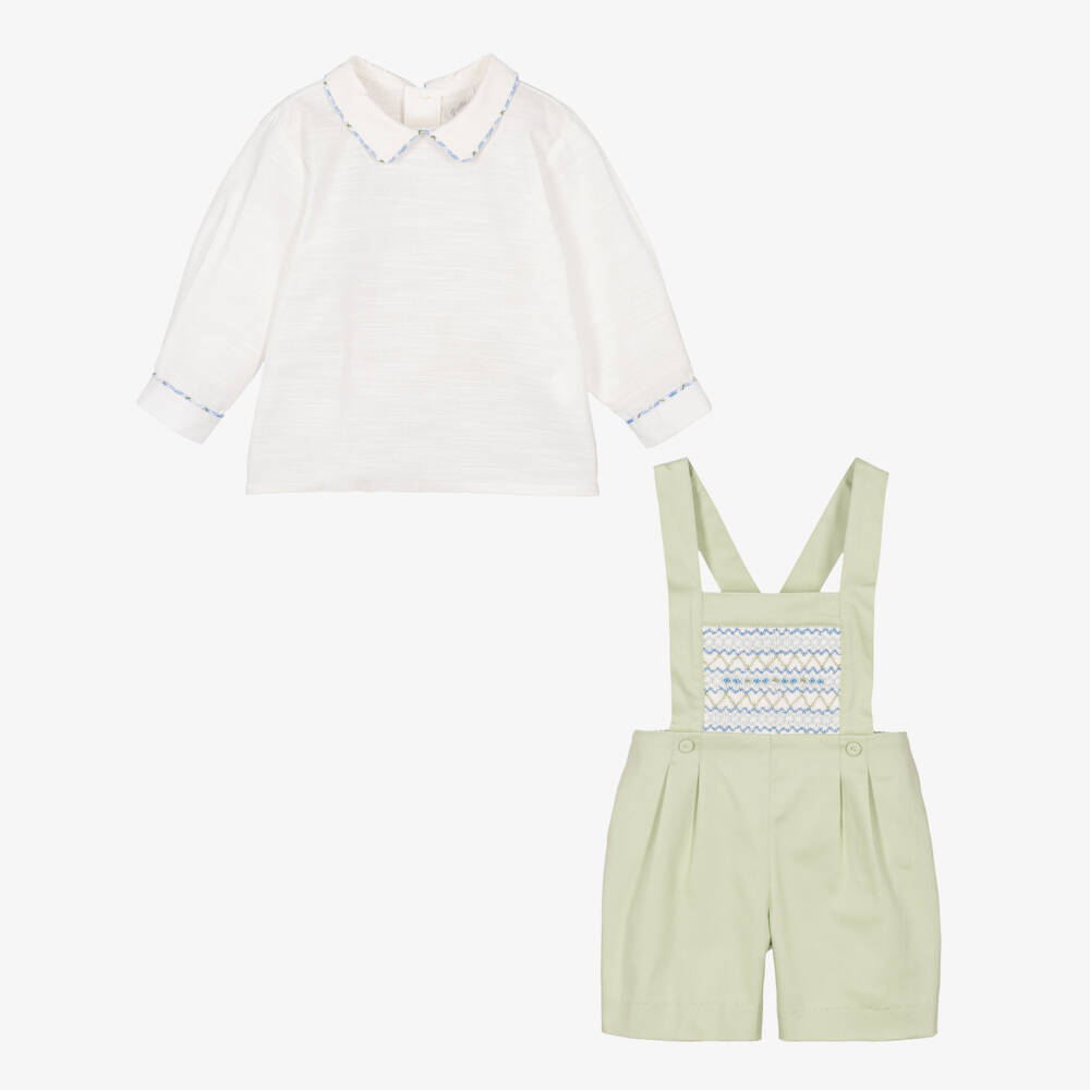 Pretty Originals-Boys Green Cotton Hand-Embroidered Shorts Set | Childrensalon