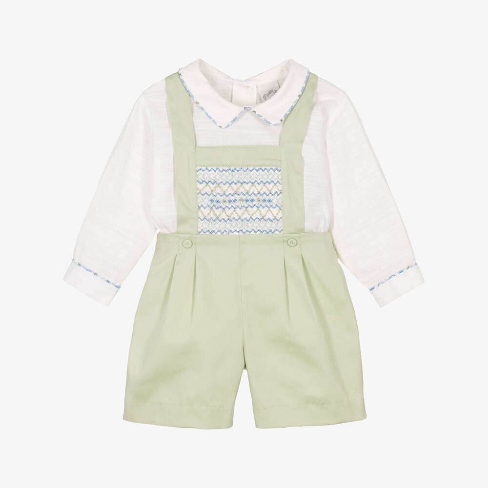 Pretty Originals-Boys Green Cotton Hand-Embroidered Shorts Set | Childrensalon