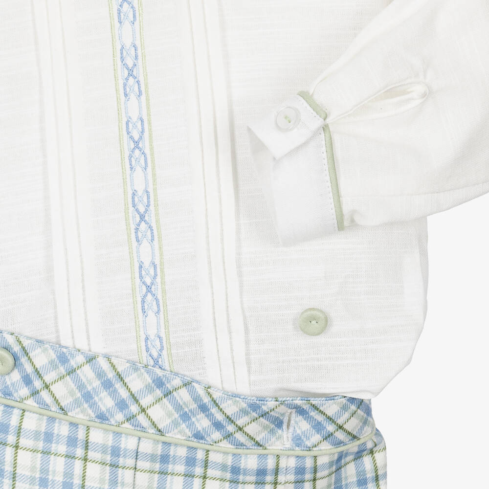 Pretty Originals-Boys Hand-Embroidered Blue Check Buster Suit | Childrensalon