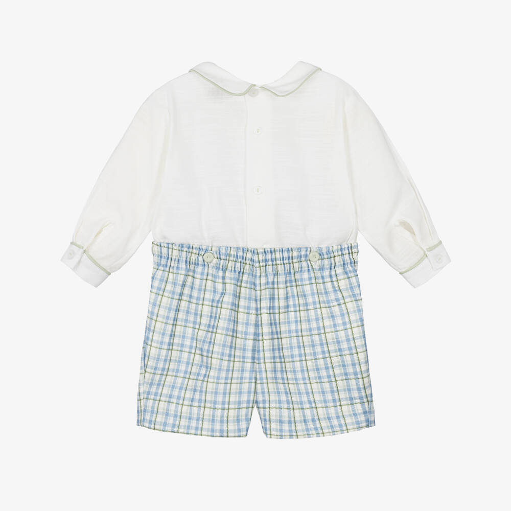 Pretty Originals-Boys Hand-Embroidered Blue Check Buster Suit | Childrensalon