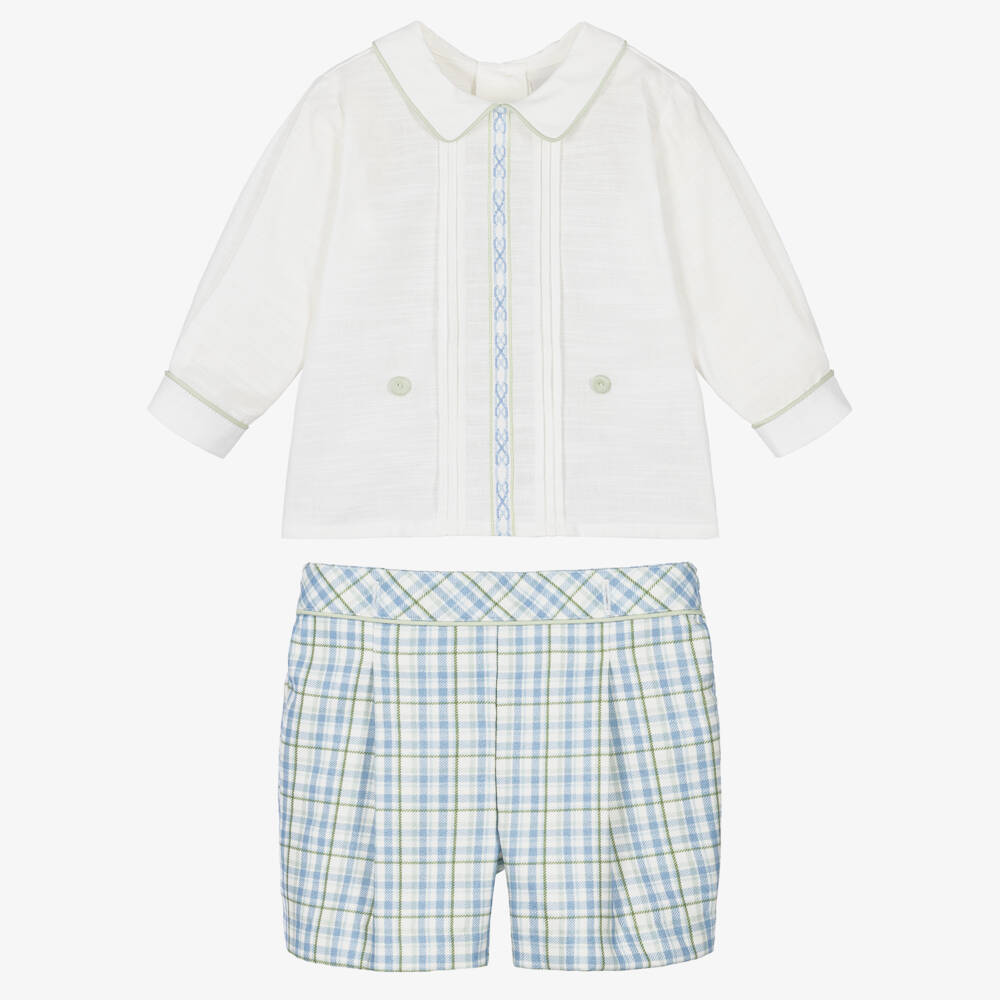 Pretty Originals-Boys Hand-Embroidered Blue Check Buster Suit | Childrensalon