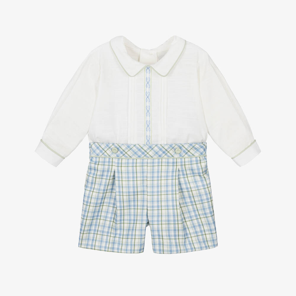 Pretty Originals-Boys Hand-Embroidered Blue Check Buster Suit | Childrensalon