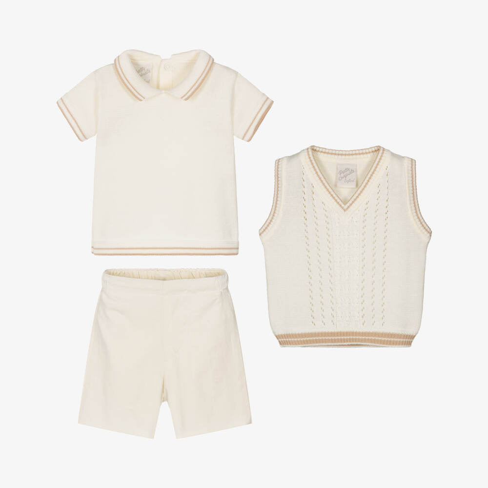 Pretty Originals-Boys Ivory Cotton Top, Slipover & Shorts Set | Childrensalon