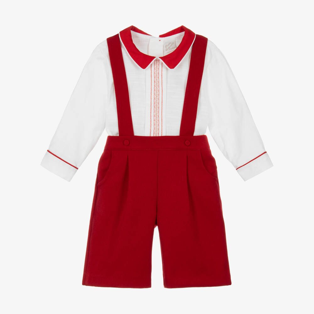 Pretty Originals-Boys Red Dungaree Shorts & Shirt Set | Childrensalon
