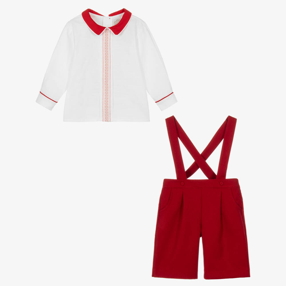 Pretty Originals-Boys Red Dungaree Shorts & Shirt Set | Childrensalon