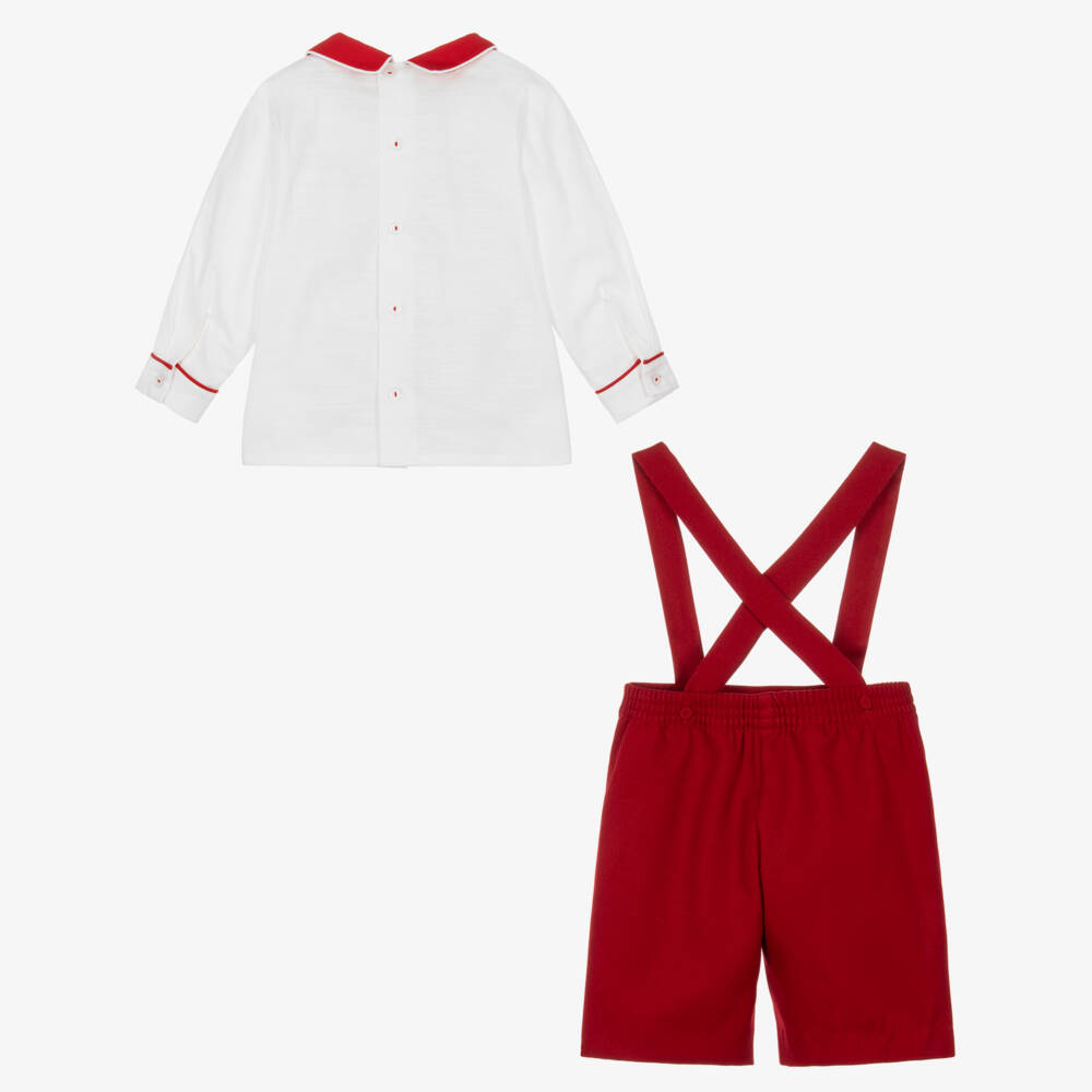 Pretty Originals-Boys Red Dungaree Shorts & Shirt Set | Childrensalon