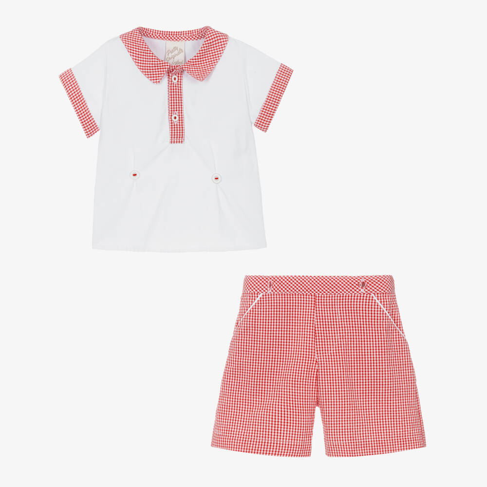 Pretty Originals-Boys Red & White Cotton Gingham Buster Suit | Childrensalon