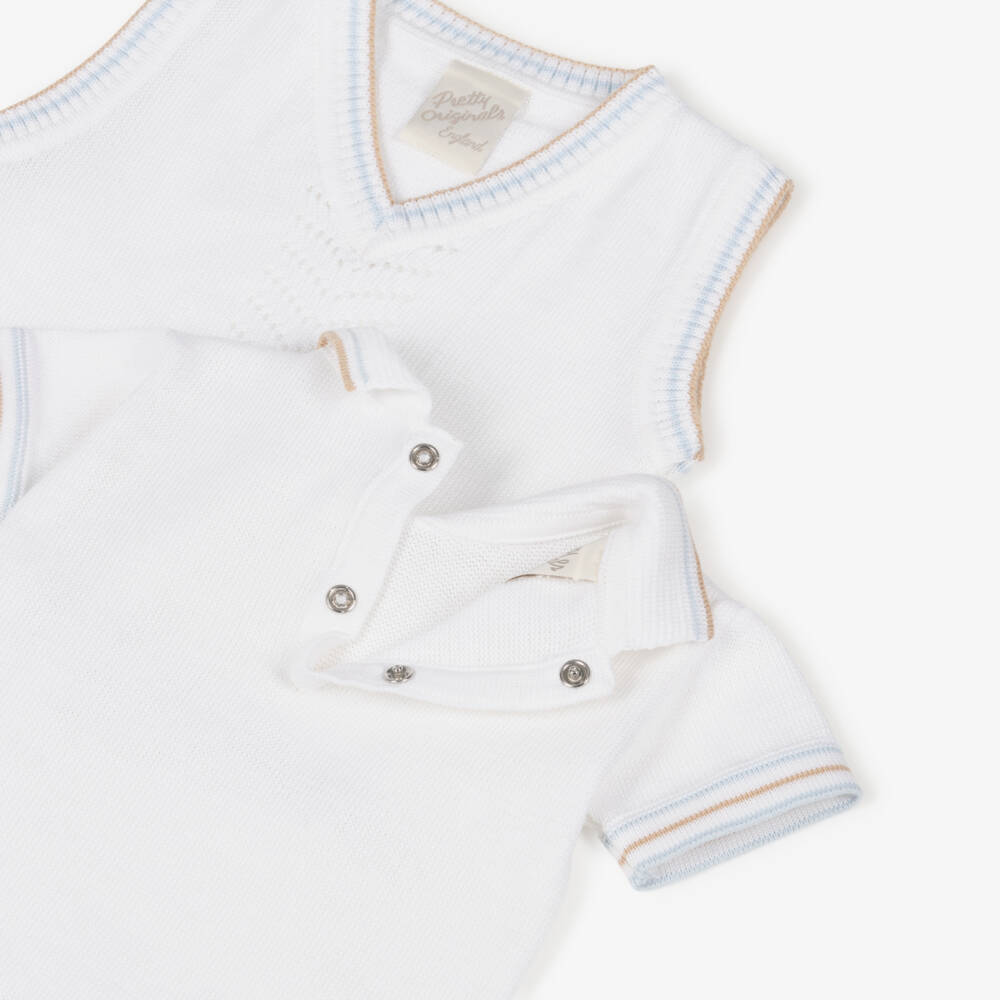 Pretty Originals-Boys White & Blue Cotton Top, Slipover & Shorts Set | Childrensalon