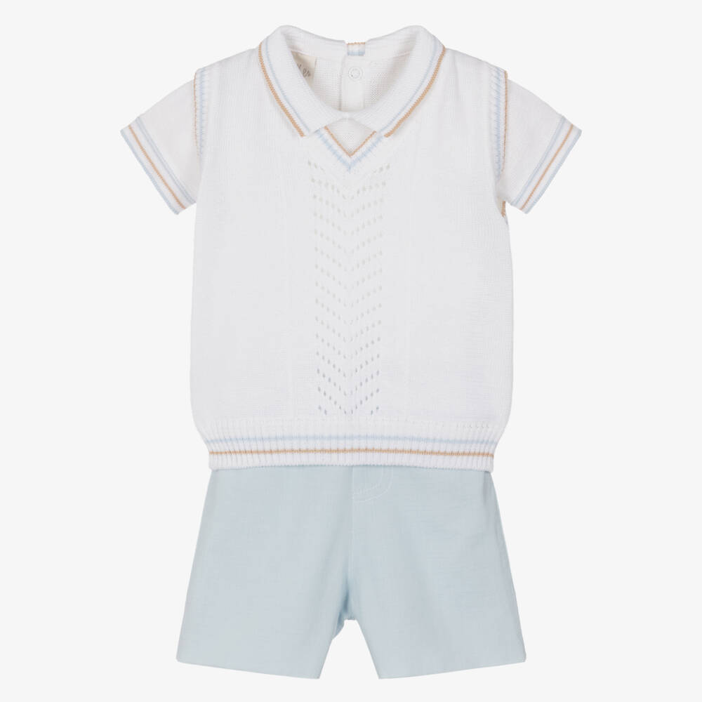 Pretty Originals-Boys White & Blue Cotton Top, Slipover & Shorts Set | Childrensalon