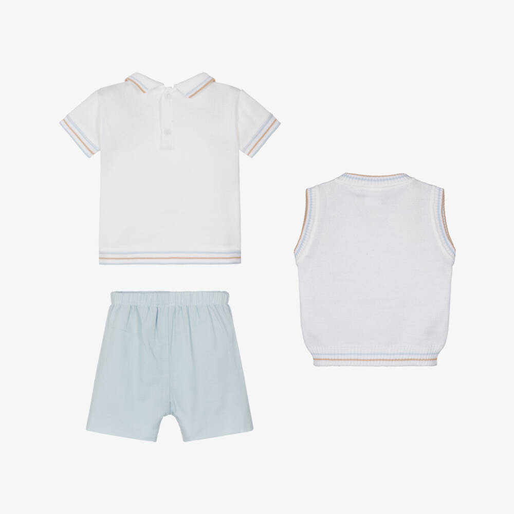 Pretty Originals-Boys White & Blue Cotton Top, Slipover & Shorts Set | Childrensalon